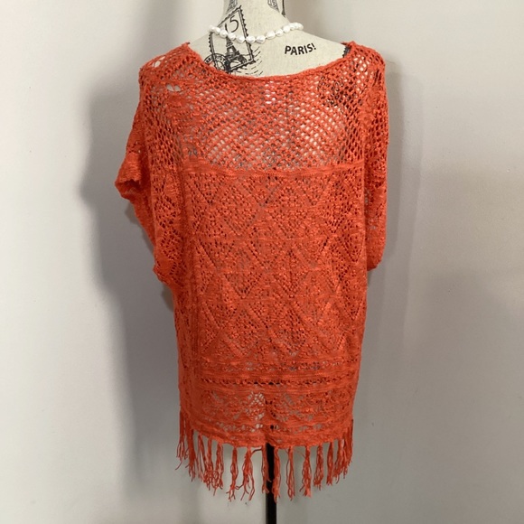 Dressbarn Women’s Orange Bohemian Open Knit Short Sleeves Sweater Top Fringes - Picture 3 of 3